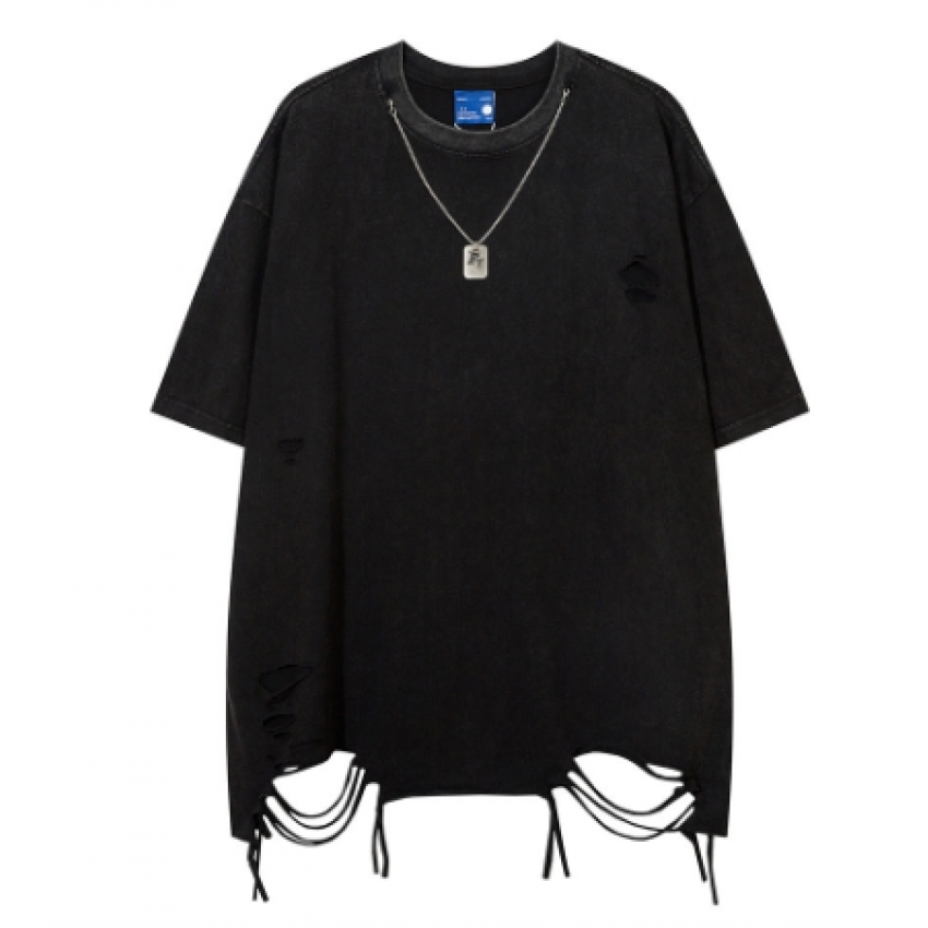 Worn damaged necklaces adorn short-sleeved t-shirts men's cut-off holes in the hem of casual t-shirt tops ins hip-hop trend