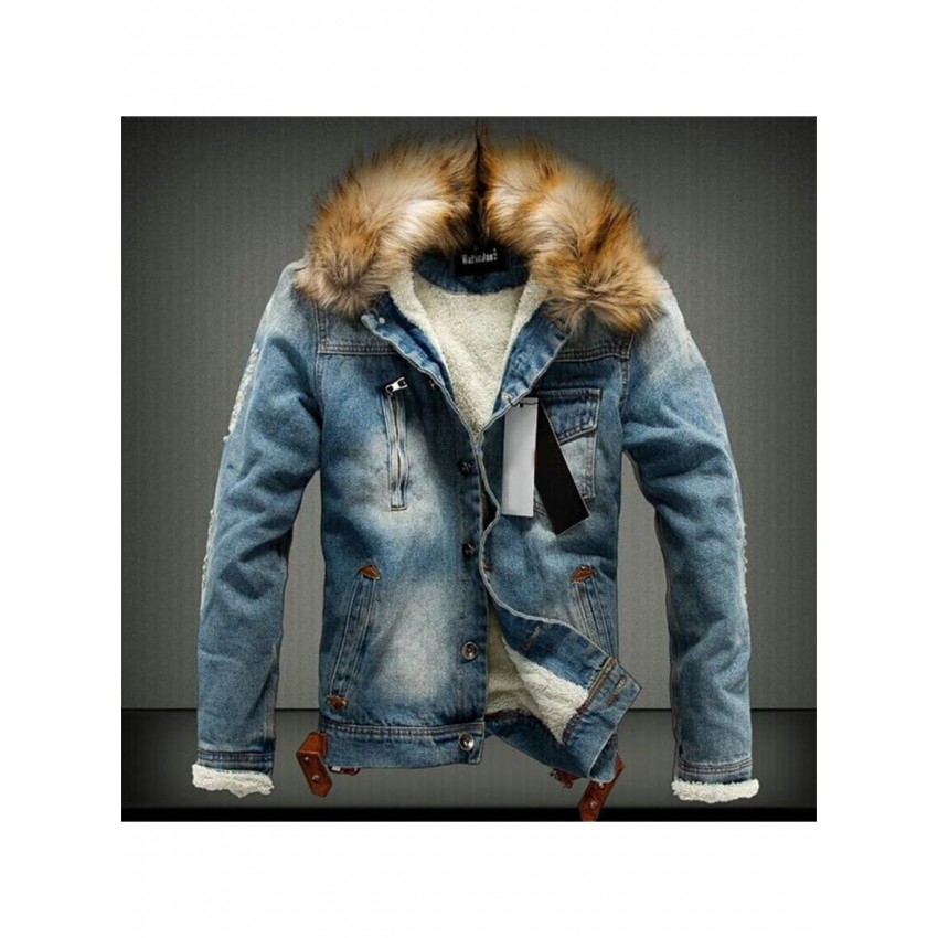Mens Denim Jacket With Fur Collar Retro Ripped Fleece Jeans Jacket And Coat For Autumn Winter