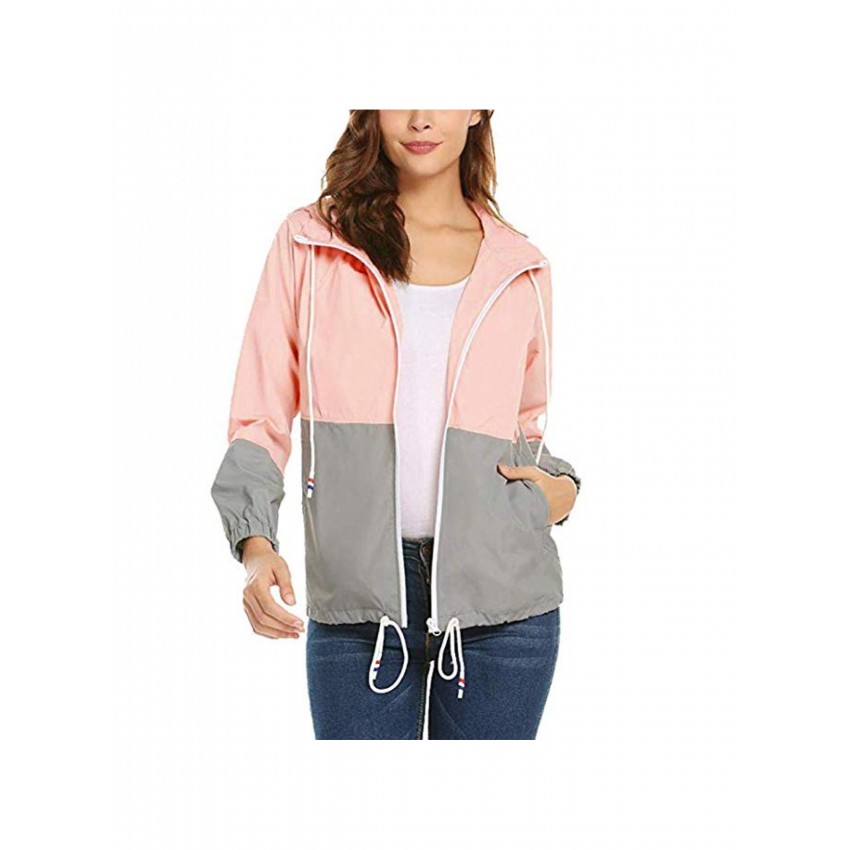 Women Patchwork Thin Hooded Rain Jacket Windbreaker