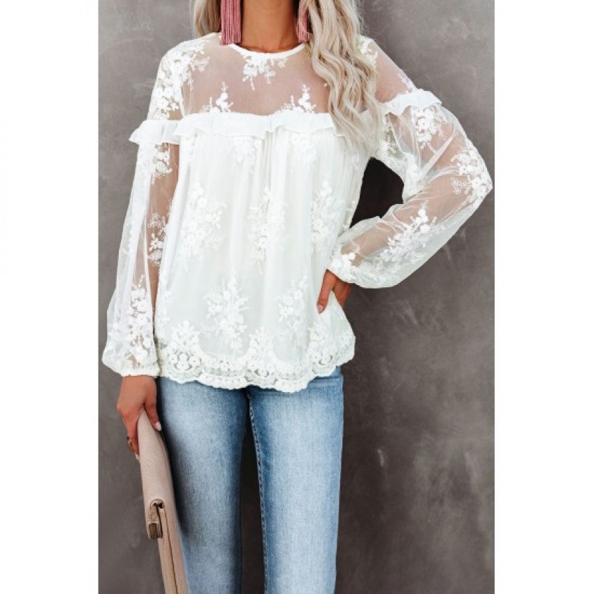 White Solid Color Crewneck Lace Mesh Ruffle Top
