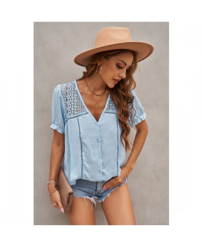 Sky Blue V Neck Lace Crochet Short Sleeve Shirt